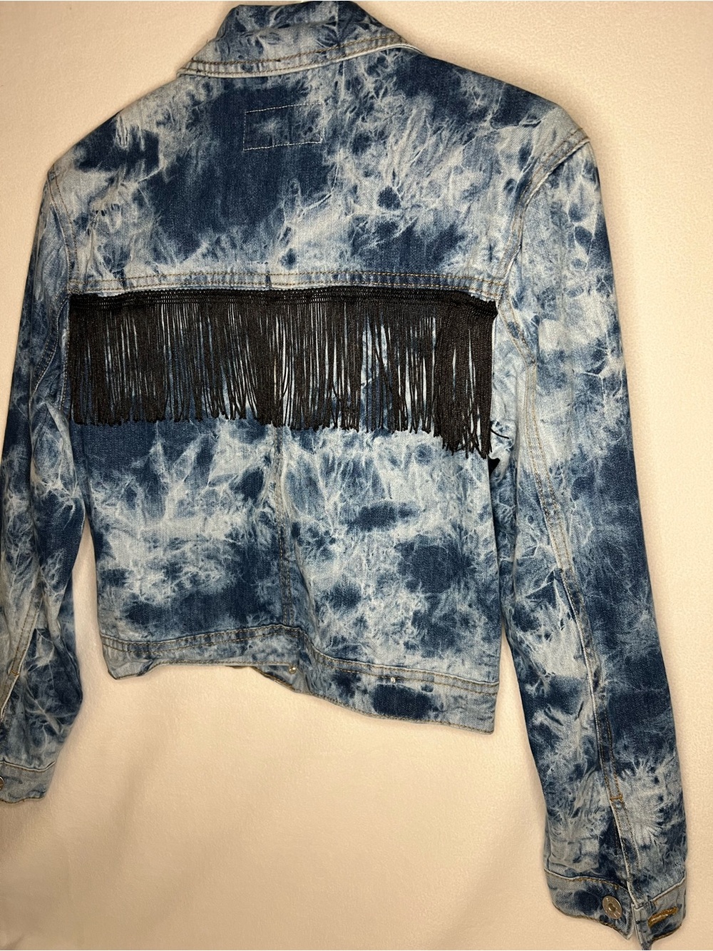 Y2K Acid Wash Denim Fringe Jacket XS | Cropped Western Grunge Boho Festival - Picture 5 of 8